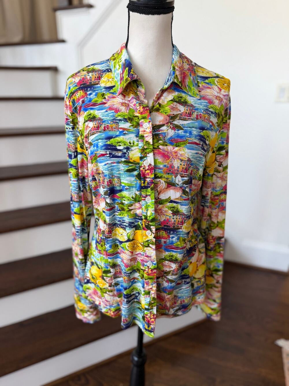 Vintage Y2K Etcetera Italian Summer Portofino Lemon Print Multi Color Blouse